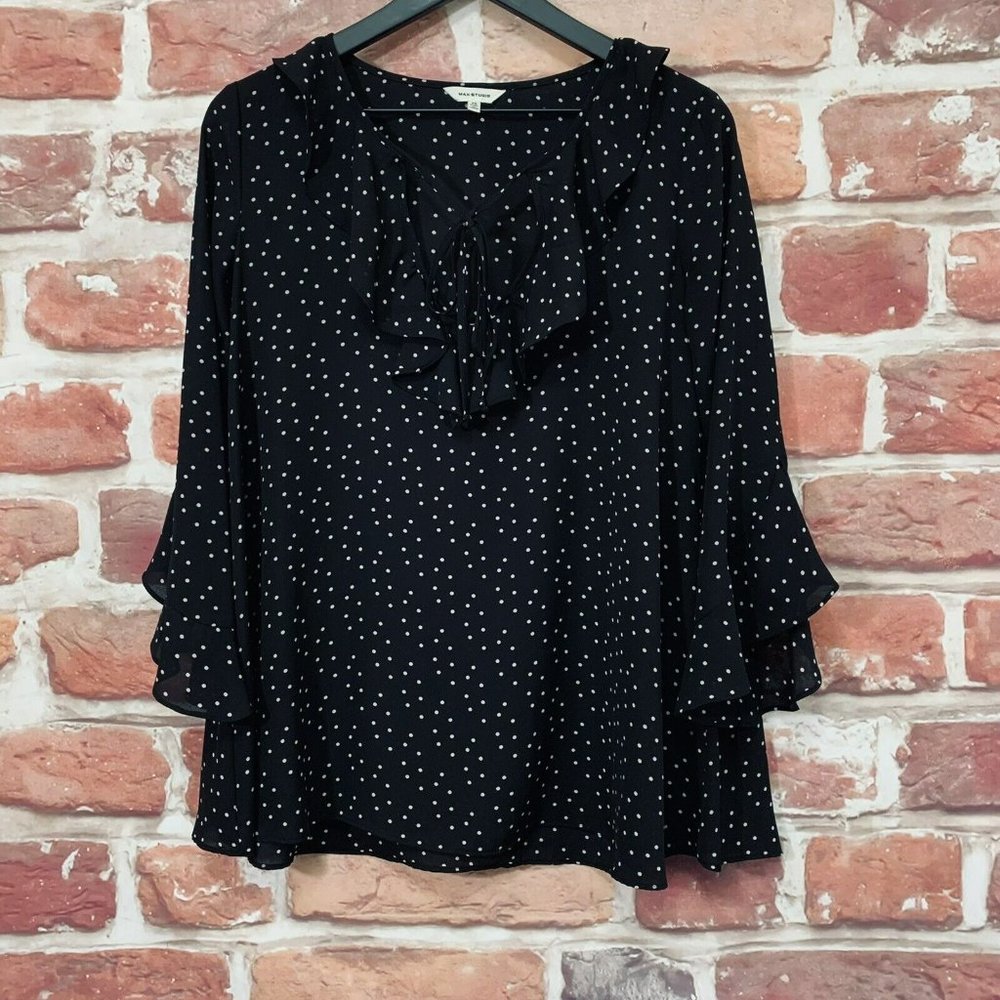 MAX STUDIO TOP WOMEN'S XS BLACK & WHITE CHIC POLKA DOT RUFFLE SHIRT